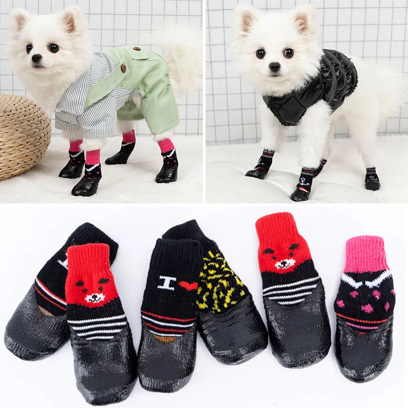 4pcs/set Waterproof Winter Dog Shoes Dog Rubber Cotton Socks Anti-slip Rain Snow Boots Thick Warm For Small Cats Outdoor Boots