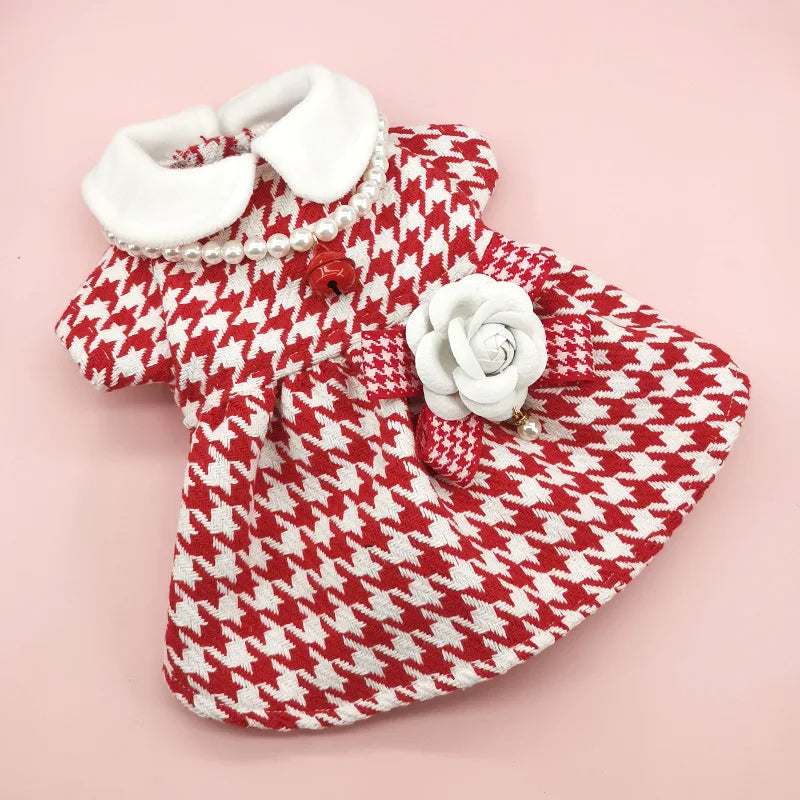 Autumn Winter Christmas Dog Dress Cute Flower Dog Clothes Red Plaid Dress Cat Pet Clothing Coat Dog Dresses for Small Dogs