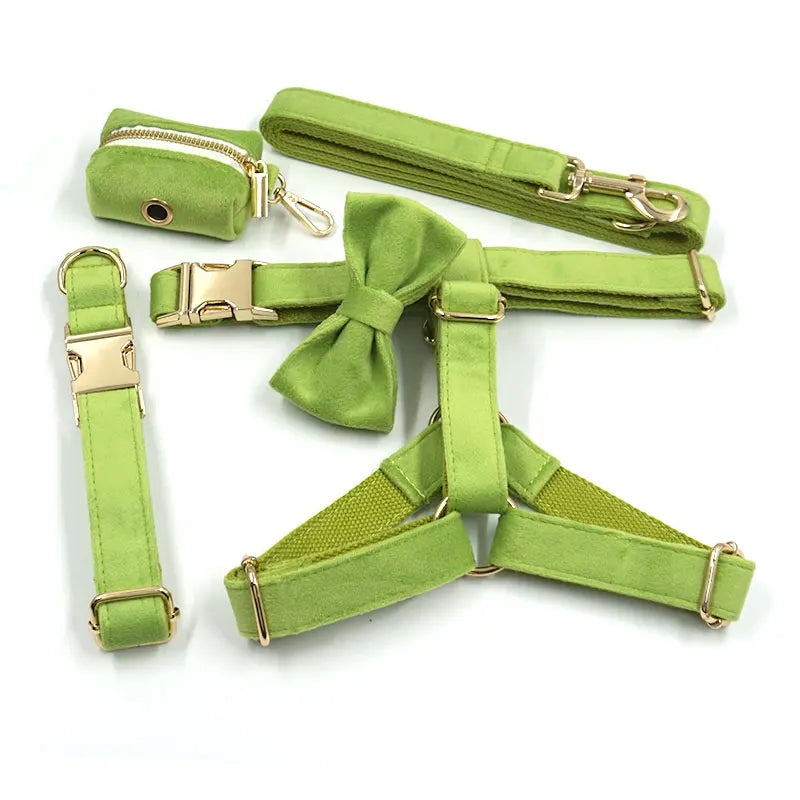 Fruit Green Velvet Dog Harness Luxury Designer Pet Collar with Gold Metal Buckles Medium Large Dog Traction Kit