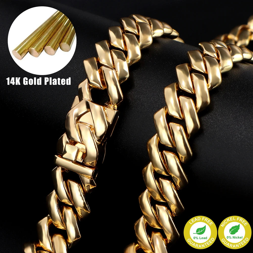 Dog Collar Chain Luxury Pet Cat Cuban Chain Collar For Small Medium Large Dogs 14MM Chunky Pet Necklace Jewelry Accessories