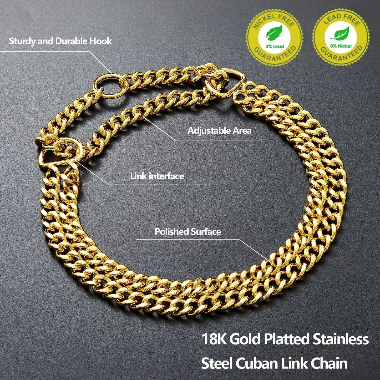 Gold Dog Chain Collar Stainless Steel 18K Chew Proof Training Double Row Pet Chains Collars for Medium Large Dogs