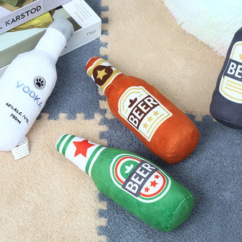 Dog Plush Toys Pet Squeaky Printed Beer Bottle Shape Toy Dog Bite-Resistant Clean Teeth Chew Toy Pet Supplies Interactive Toys