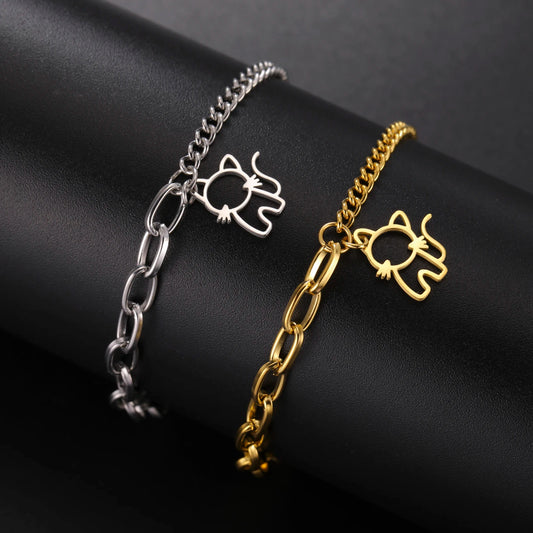 Cazador Trendy Cat Kitten Charm Bracelet for Women Stainless Steel Asymmetric Chain Bracelets Cute Animal Jewelry Gift