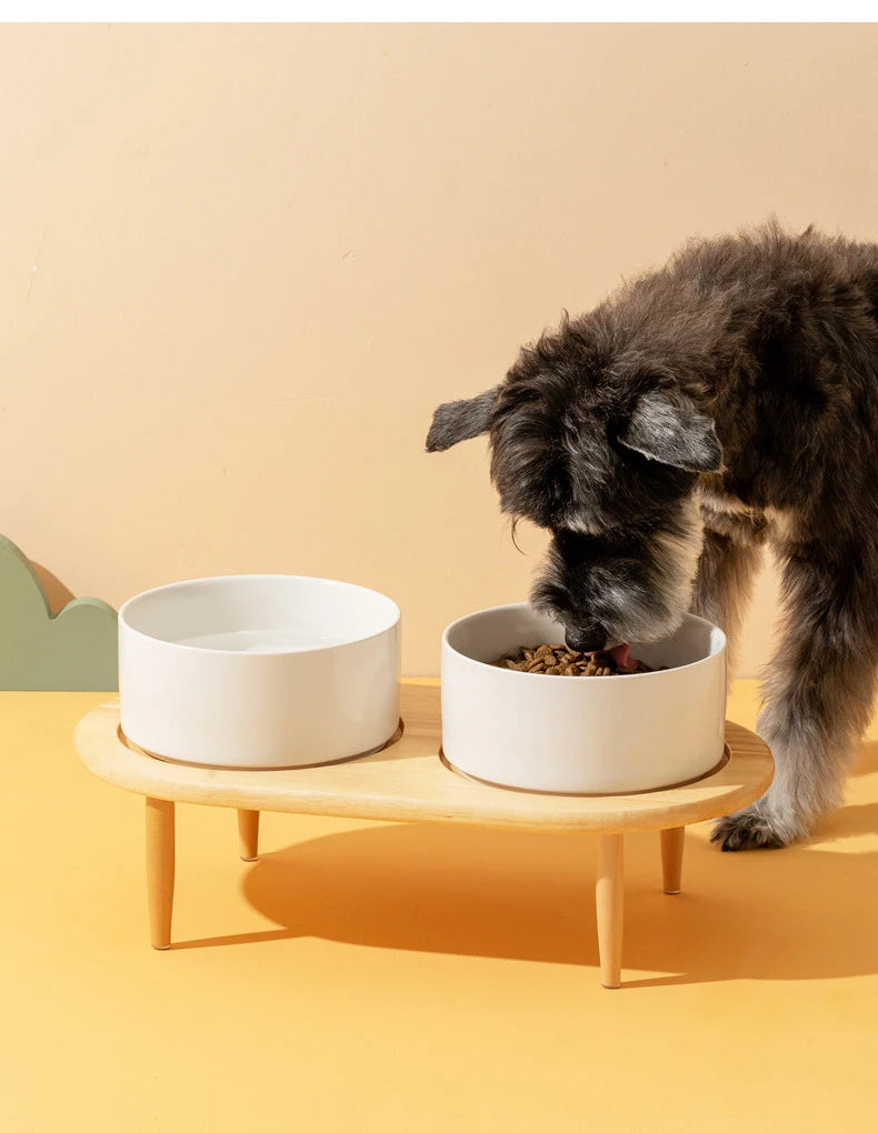 850ml Dog Food Water Bowl Elevated Cat Drinking Eating Feeding Bowls with Wooden Stand Pet Ceramic Feeder with Removable Base