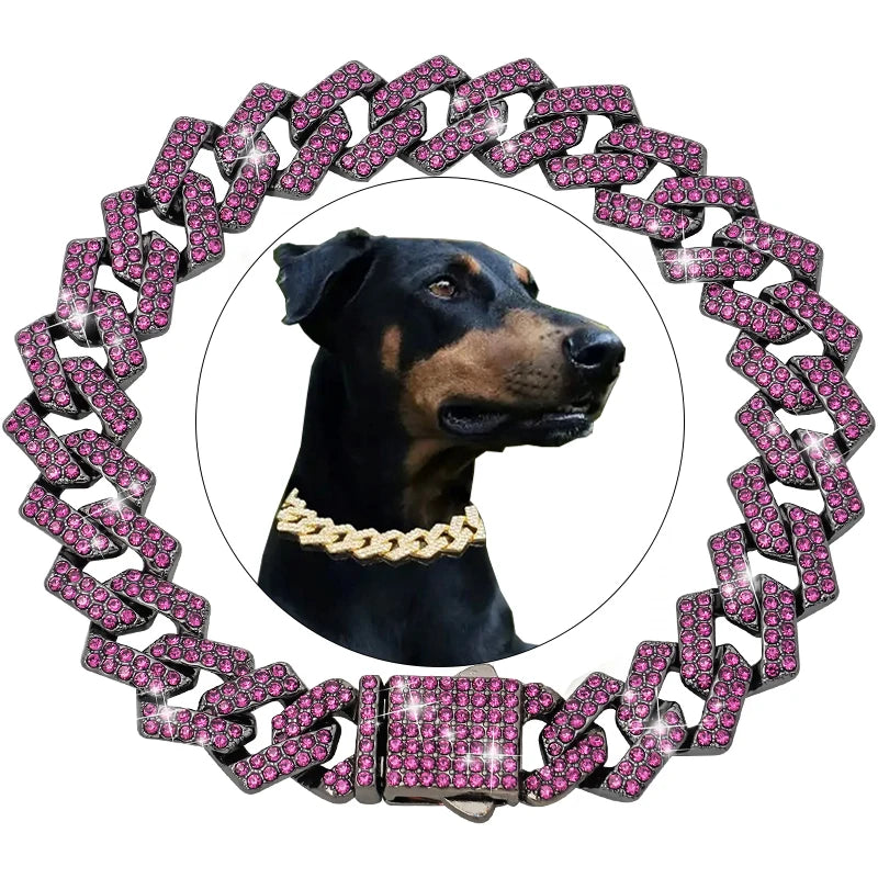 15MM Rhombus-shaped Diamond Cuban Collar Pet Cuban Collar Walking Metal Chain Collar Accessories for Dogs Cats Chain