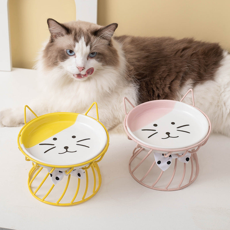 Cat Bowl Ceramic High-Foot Neck Guard Food Bowl Shallow Mouth Large Caliber Pet Food Bowl