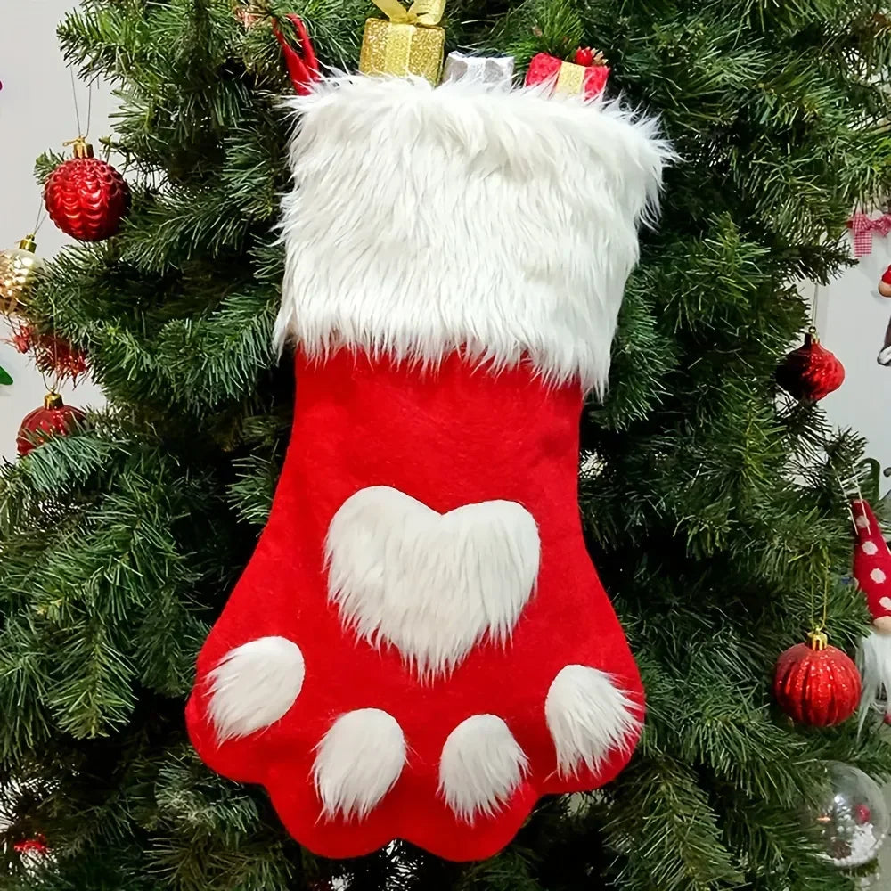 1pcs Christmas Stockings Home Decoration Accessories Plaid Christmas Gift Bags Pet Dog Cat Paw Stocking Socks Xmas Tree Ornament