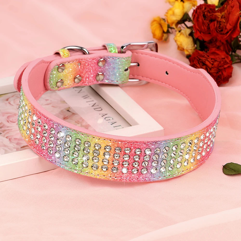 Bling Rhinestone Dog Collar Wide Leather Dogs Collars Glitter Diamond Pet Necklace Durable For Medium Large Dogs French Bulldog