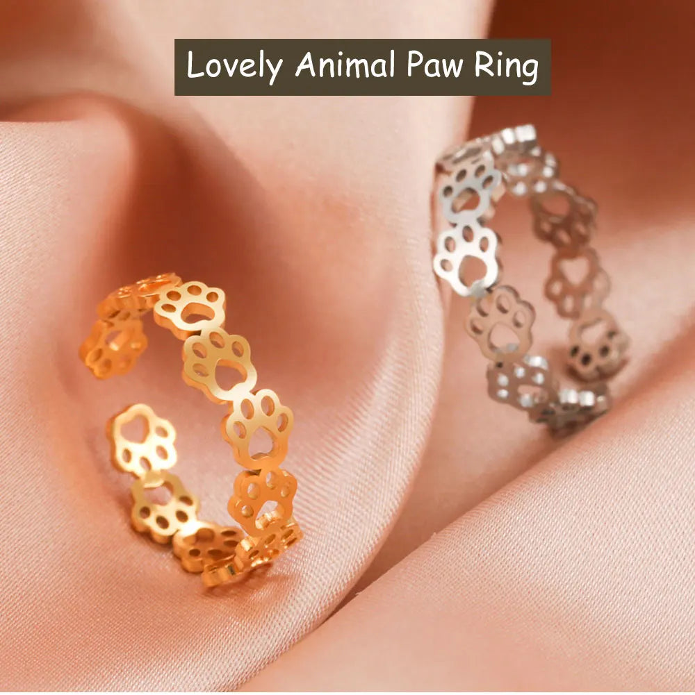 Cazador Trend Lovely Animal Paw Rings Bear Dog Cat Footprint Open Finger Rings for Women Stainless Steel Jewelry Birthday Gift