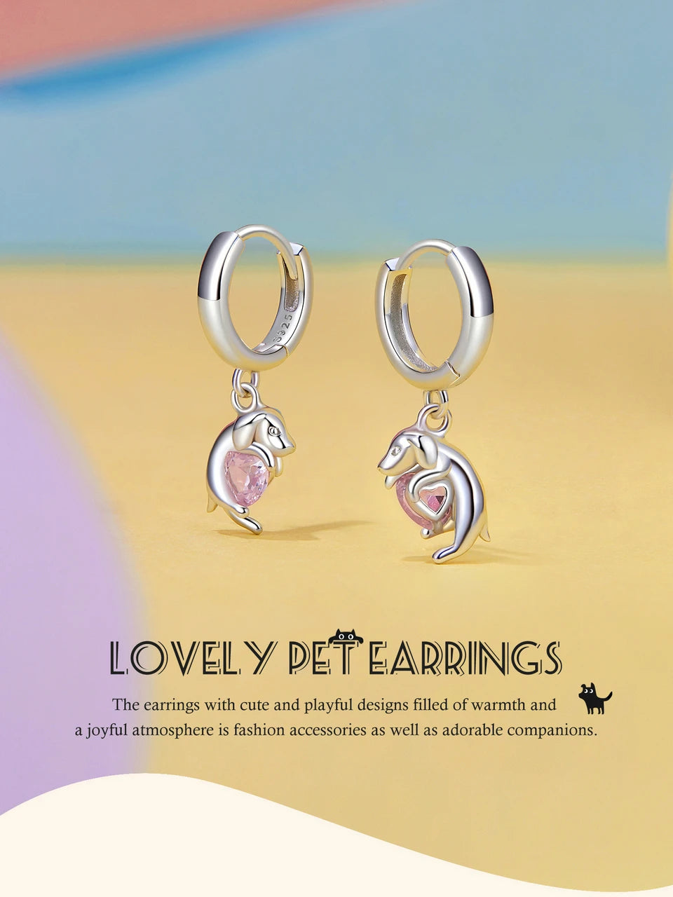 BAMOER 2024 New Arrival 925 Sterling Silver Drop Earrings, White Gold Plated Cute Dog Cat Dangle Hypoallergenic Earrings SCE1757