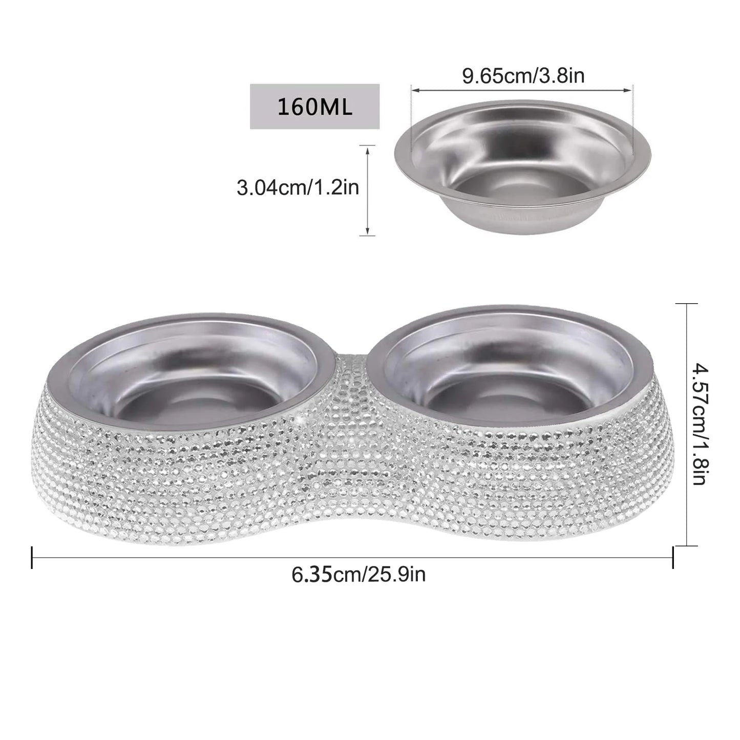 Double Pet Bowl Bling Bling Rhinestone Cat Dog Food Water Feeder Stainless Steel Dog Bowl Feeding Supplies Pets Accessories