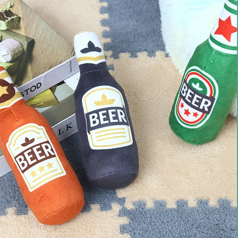 Dog Plush Toys Pet Squeaky Printed Beer Bottle Shape Toy Dog Bite-Resistant Clean Teeth Chew Toy Pet Supplies Interactive Toys