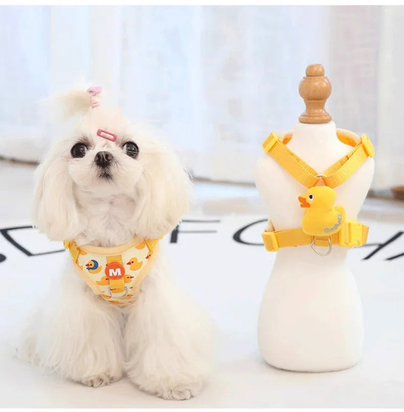 Cartoon Duck Dog Harness and Leash Set Adjustable Puppy Collar Strap Pet Cat Harness Vest for French Bulldog Walking Accessories