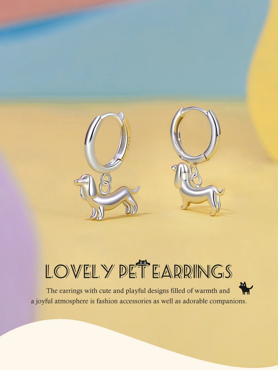 BAMOER 2024 New Arrival 925 Sterling Silver Drop Earrings, White Gold Plated Cute Dog Cat Dangle Hypoallergenic Earrings SCE1757