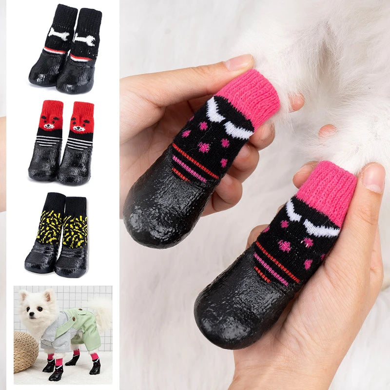 4pcs/set Waterproof Winter Dog Shoes Dog Rubber Cotton Socks Anti-slip Rain Snow Boots Thick Warm For Small Cats Outdoor Boots