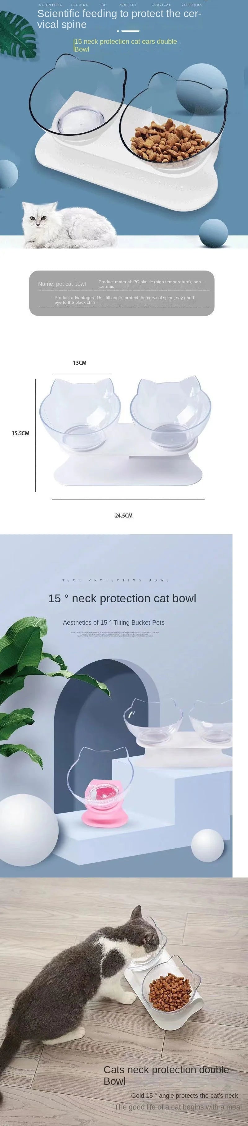 Double Cat Bowl Elevated Non-slip Water Food Feeder With Inclination Stand For Small Cats Pet Kitten Drinking Supplies