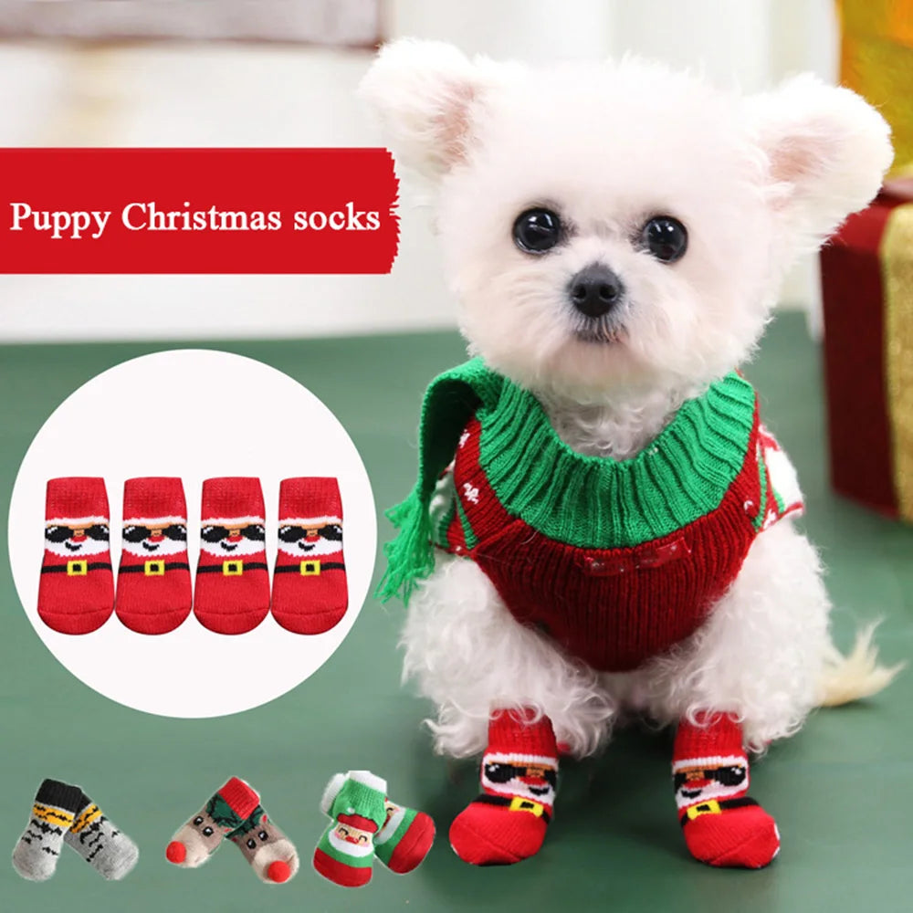 Dog Cat Socks 4 PCS Non-Slip Christmas Shoes Festival Themed Woven Paw Protector Knitting Pet Supplies for Floor Indoor