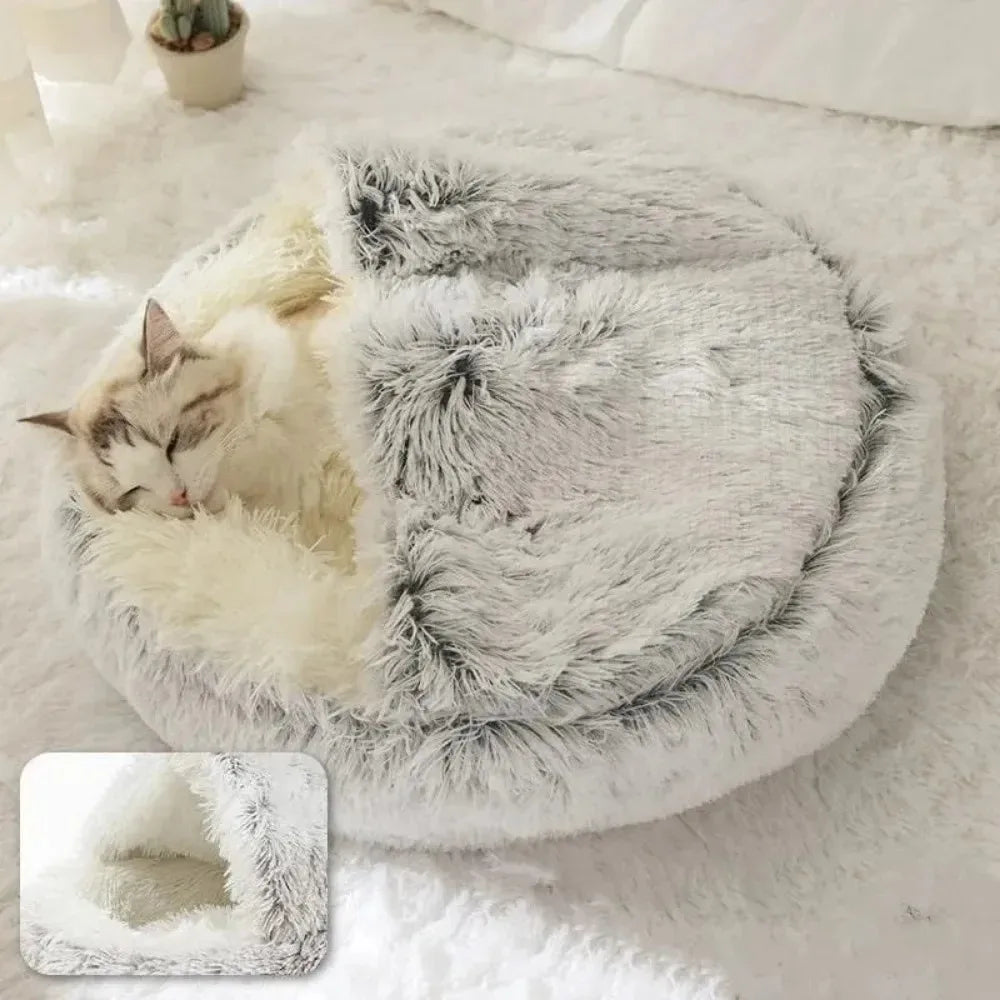 Soft Plush Round Cat Bed Warm Comfortable Winter Long Plush Pet Cat Bed Round Semi Enclosed Cat Nest For Small Dogs Sleep Bag