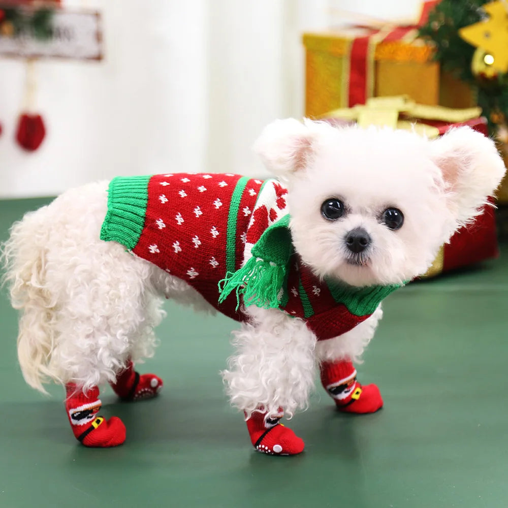 Dog Cat Socks 4 PCS Non-Slip Christmas Shoes Festival Themed Woven Paw Protector Knitting Pet Supplies for Floor Indoor