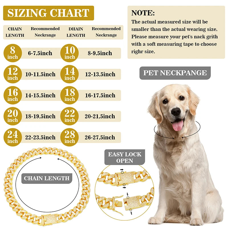 Dog Collars for Small Medium Large Dogs Cat Gold Chain Diamond Cuban Collar with Design Secure Buckle Pet Necklace