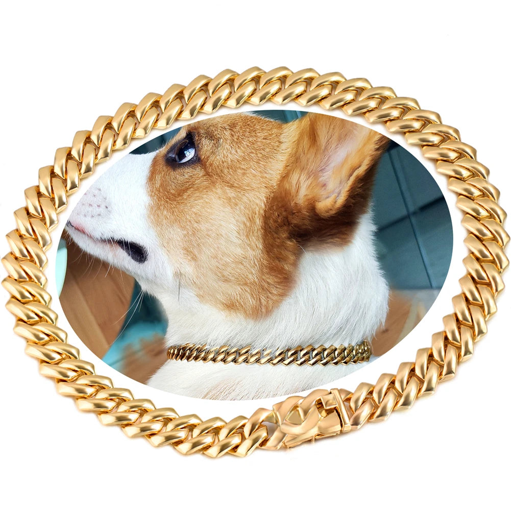 Dog Collar Chain Luxury Pet Cat Cuban Chain Collar For Small Medium Large Dogs 14MM Chunky Pet Necklace Jewelry Accessories