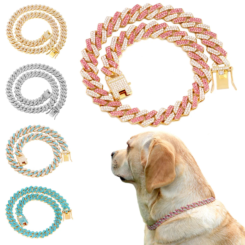 Dog Chain Diamond Cuban Link Chain With Design Secure Buckle Pet Cat Dogs Collar Necklaces Pet Items Accessories