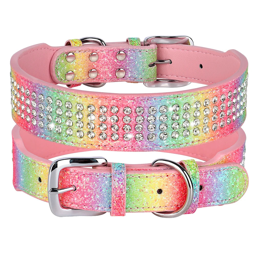 Bling Rhinestone Dog Collar Wide Leather Dogs Collars Glitter Diamond Pet Necklace Durable For Medium Large Dogs French Bulldog