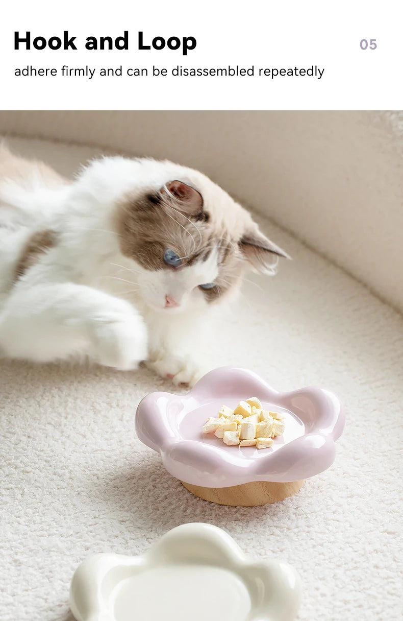 Cat Ceramic Bowl Small Pet Elevated Food Water Feeders Puppy Dog Drinking Eating Dish Plate with Wooden Stand