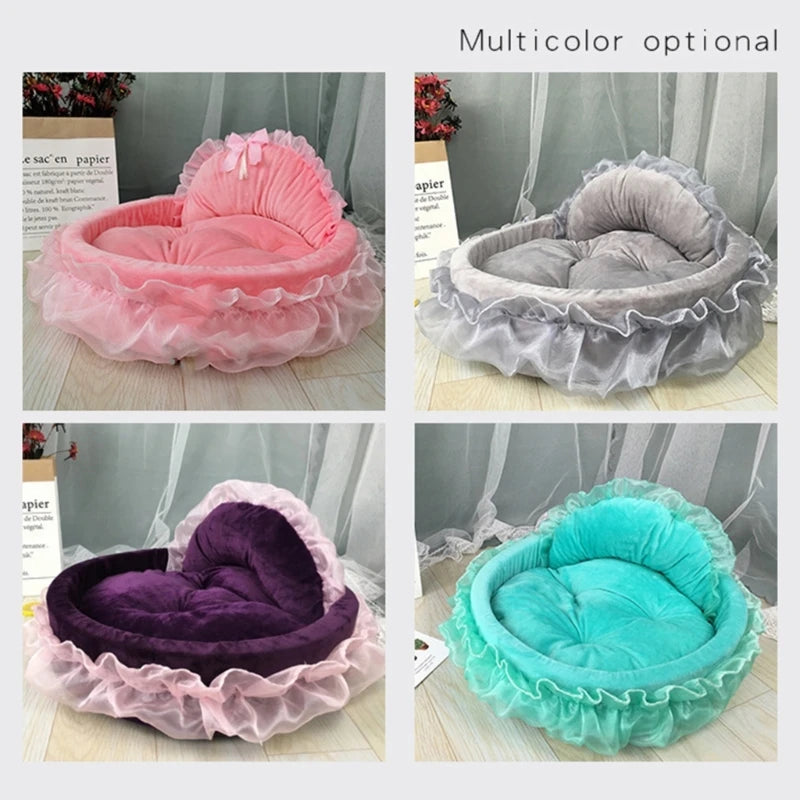 Bows Lace Pet Bed Detachable Cushion Princess Nest for Dogs Cats Soothing