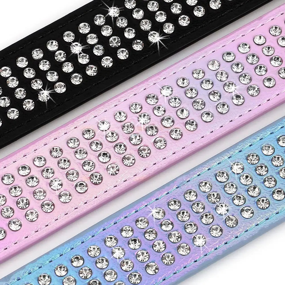 Bling Rhinestone Dog Collar Wide Leather Dogs Collars Glitter Diamond Pet Necklace Durable For Medium Large Dogs French Bulldog