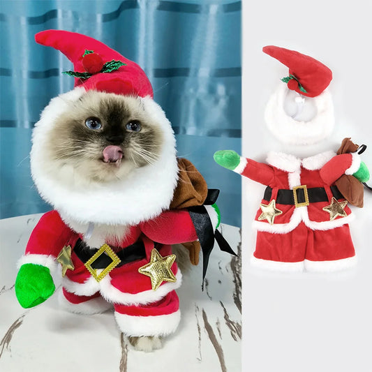 Cat Christmas Costume With Hat, Pet Santa Star Belt Costume Clothes, Cat Funny Winter Warm Outfit, Elastic Collar Pet Coat