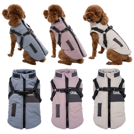 Windproof Dog Clothes Winter Dog Coat With Harness Warm Pet Clothing Small Dog Jacket Chihuahua Labrador Bulldog Coat