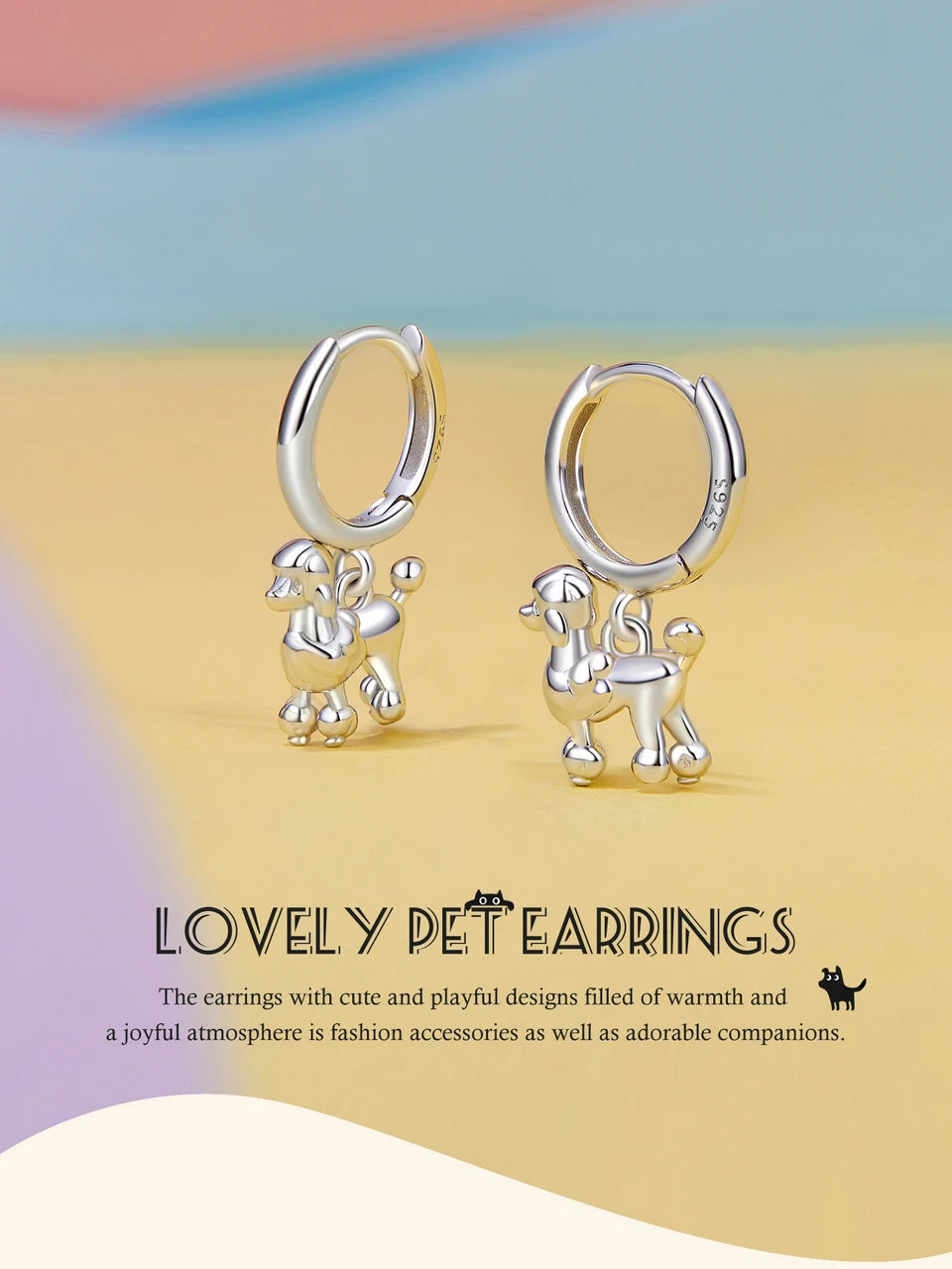 BAMOER 2024 New Arrival 925 Sterling Silver Drop Earrings, White Gold Plated Cute Dog Cat Dangle Hypoallergenic Earrings SCE1757