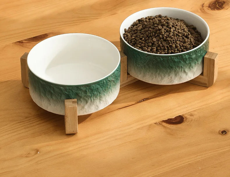 Cat Double Bowls Set 700ML Pet Food Water Feeders Small Medium Dogs Ceramic Gradient Color Bowls with Wooden Stand