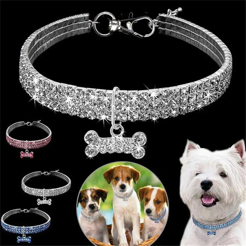 Bling Pet Dog Collar Pitbull Pug Bone Pendant Crystal Cat Collars Small Medium Dogs Chihuahua Pug Necklace Loop Pets Accessories