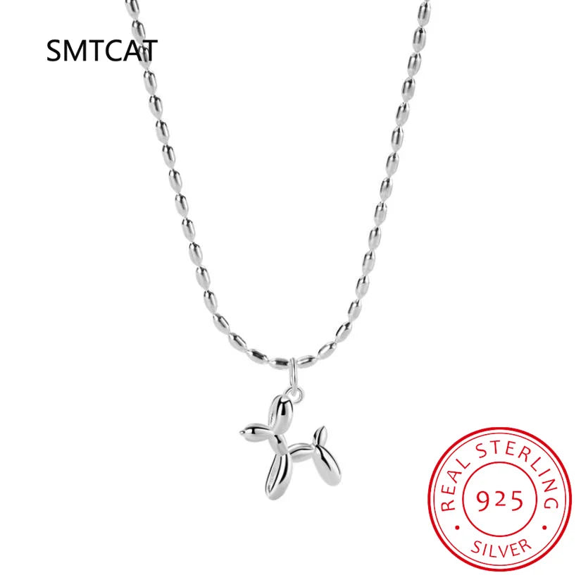 925 Sterling Silver Cute Balloon Dog Pendant Necklace Platinum Plated Neck Chain for Women Birthday Day Gift SCN506