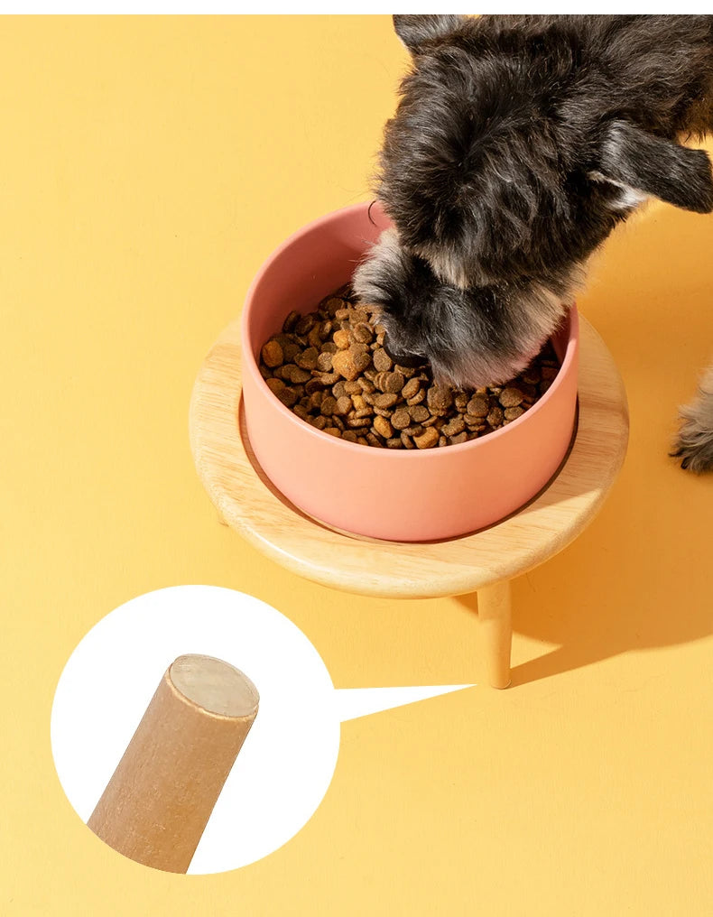 850ml Dog Food Water Bowl Elevated Cat Drinking Eating Feeding Bowls with Wooden Stand Pet Ceramic Feeder with Removable Base