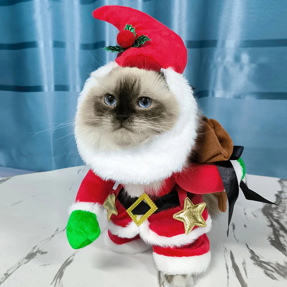 Cat Christmas Costume With Hat, Pet Santa Star Belt Costume Clothes, Cat Funny Winter Warm Outfit, Elastic Collar Pet Coat