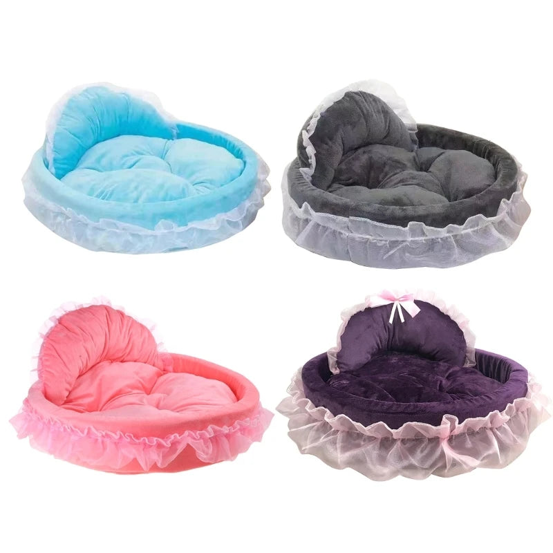 Bows Lace Pet Bed Detachable Cushion Princess Nest for Dogs Cats Soothing