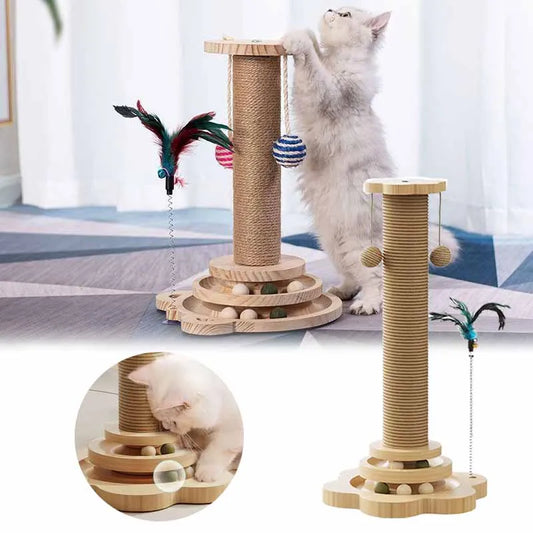 Pet Cat Toys Solid Wood Cat Climbing Frame Durable Sisal Scratching Board One-piece Cat Grab Column with Turntable Cat Toys