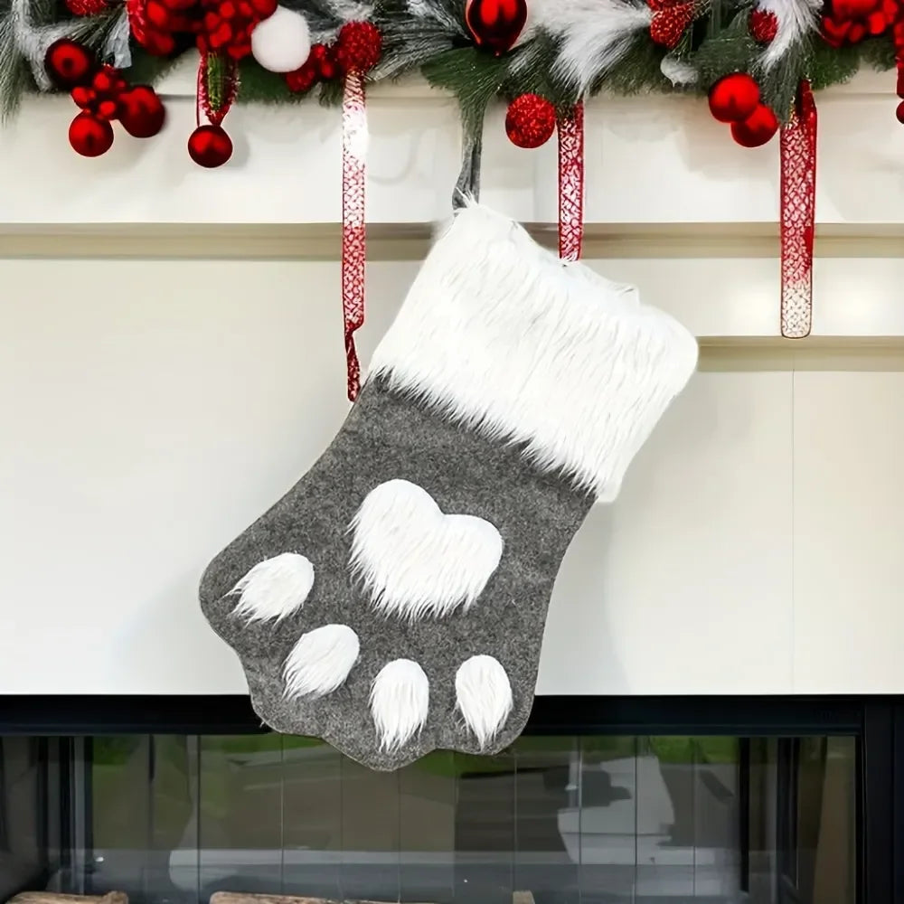 1pcs Christmas Stockings Home Decoration Accessories Plaid Christmas Gift Bags Pet Dog Cat Paw Stocking Socks Xmas Tree Ornament