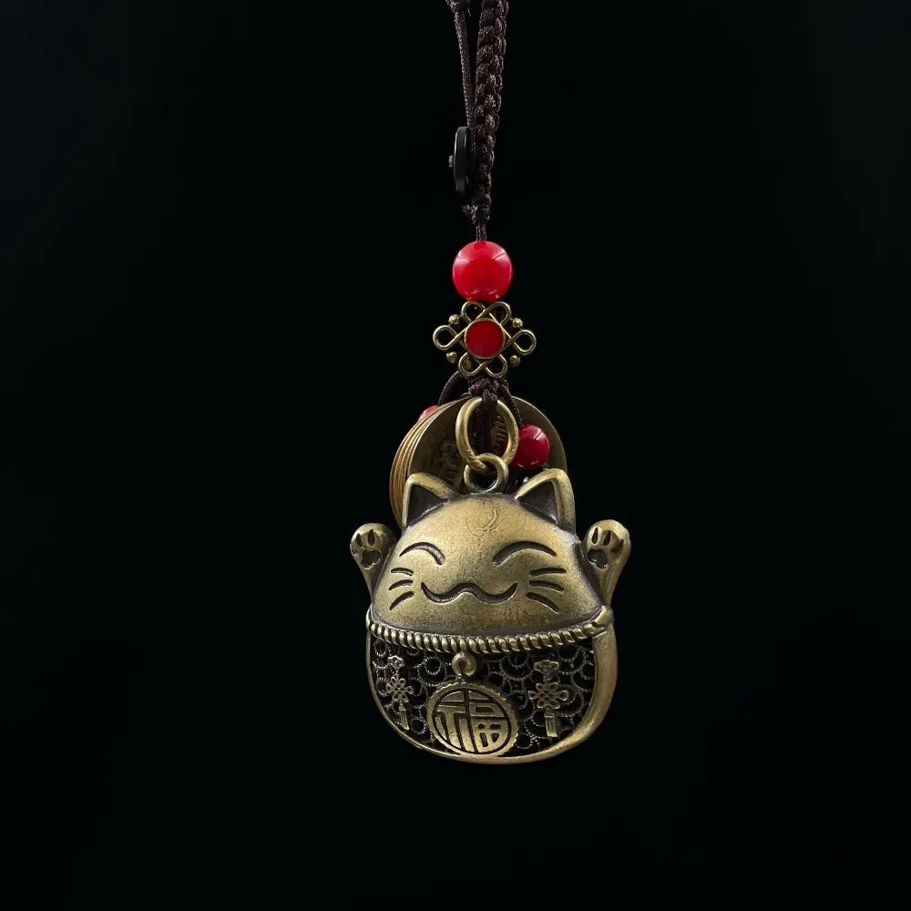 Lucky Cat Brass Keychain Maneki Neko Feng Shui Coins Waist Keychain Lucky Tassel with Five Emperors Money Bag Pendant Decoration