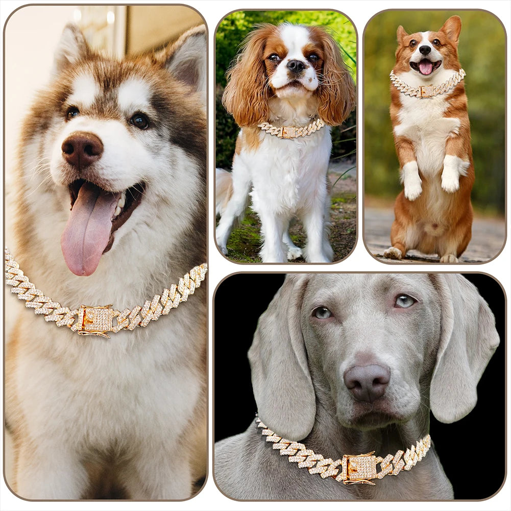 Dog Chain Diamond Cuban Link Chain With Design Secure Buckle Pet Cat Dogs Collar Necklaces Pet Items Accessories