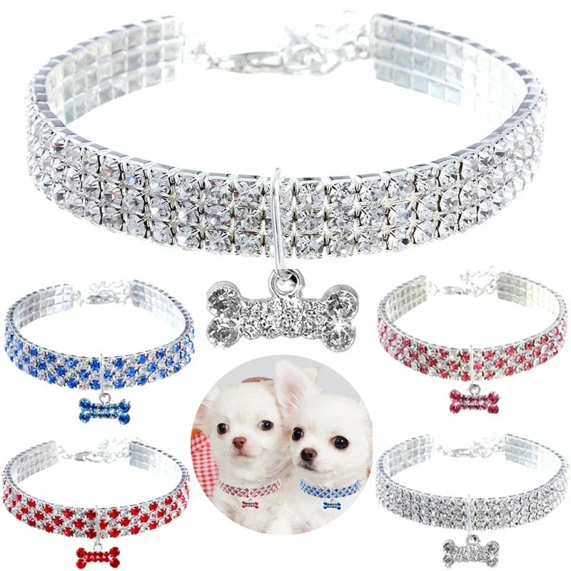 Bling Pet Dog Collar Pitbull Pug Bone Pendant Crystal Cat Collars Small Medium Dogs Chihuahua Pug Necklace Loop Pets Accessories