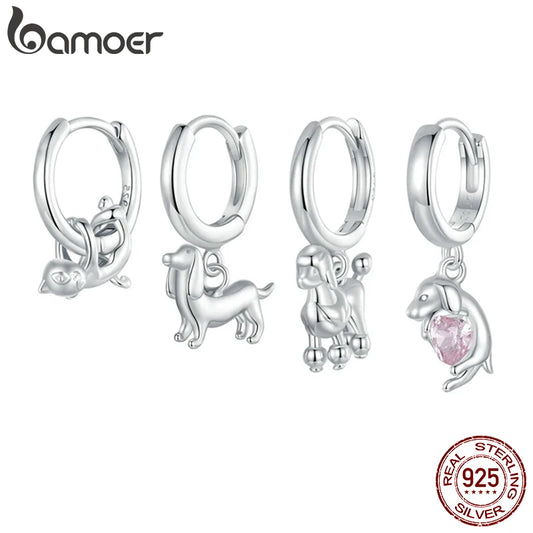 BAMOER 2024 New Arrival 925 Sterling Silver Drop Earrings, White Gold Plated Cute Dog Cat Dangle Hypoallergenic Earrings SCE1757