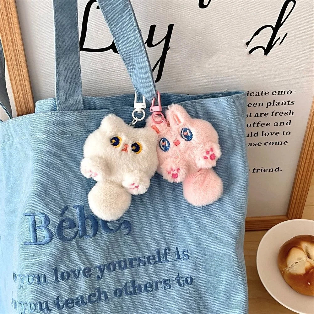 Bag Hanging Soft Cute Cat Plush Keychain Cartoon Stuffed Rabbit Doll Keyring Funny Lovely Animal Pendant with Tail Kids