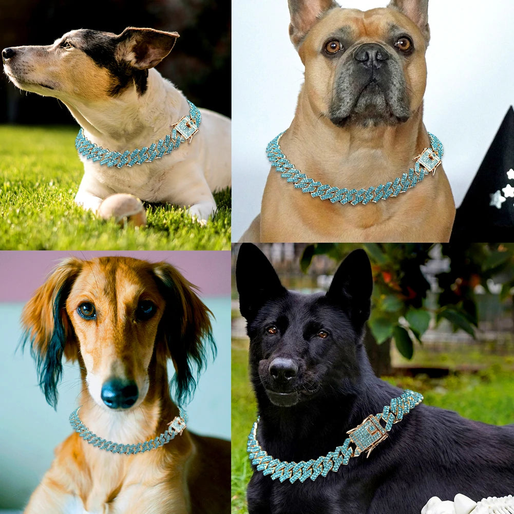 Dog Chain Diamond Cuban Link Chain With Design Secure Buckle Pet Cat Dogs Collar Necklaces Pet Items Accessories