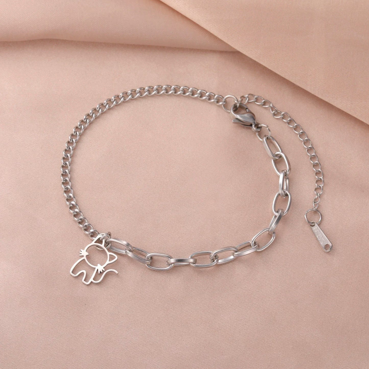 Cazador Trendy Cat Kitten Charm Bracelet for Women Stainless Steel Asymmetric Chain Bracelets Cute Animal Jewelry Gift