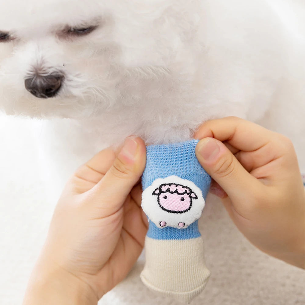 4Pcs Cute Pet Dog Socks Knits Cartoon doll Puppy Shoes Paw Protector Products for Small Dogs Winter Anti Slip Dog Grip Socks