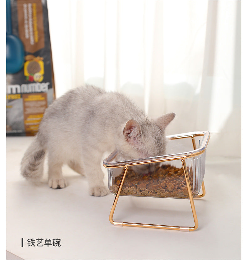 Cat Bowl Transparent High Foot Cat Bowl Oblique Mouth Protects Cervical Neck Drinking Cat Grain Bowl Dog Pet E Double Bowl